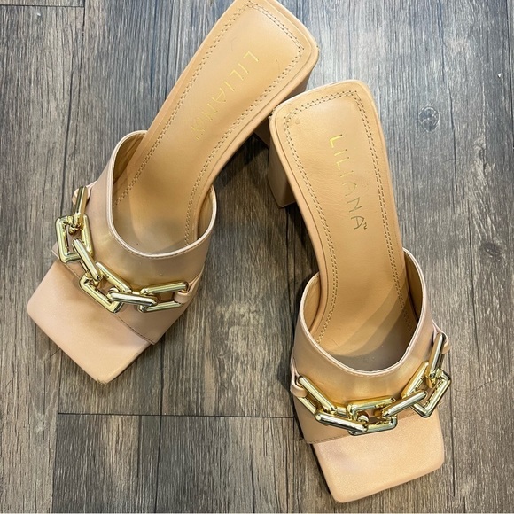 Women’s Chain Slip On Chunky Heels Shoes Sandals Tan Size 8 - Picture 10 of 13